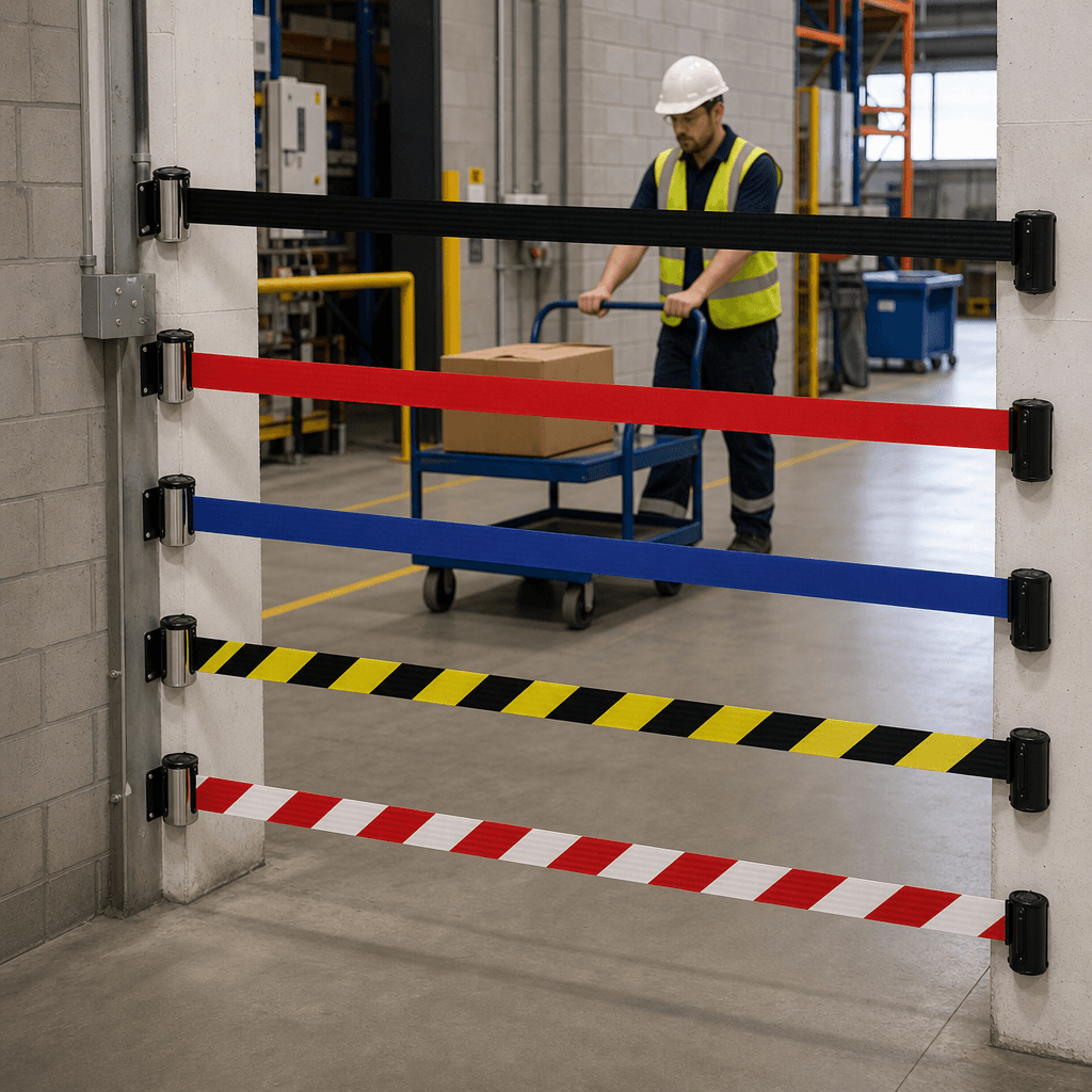 Wall Mounted Retractable Belt Barrier 2.3m / 4.5m – Steel Housing, Chrome or Black, 7 Belt Colours