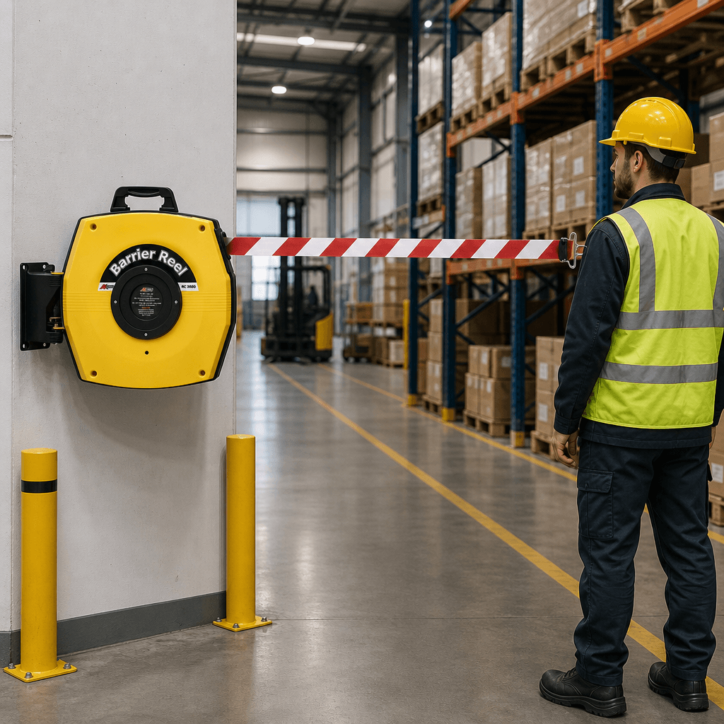Heavy Duty Retractable Barrier Reel 15m / 25m – 50mm Woven Tape, 180° Swivel Bracket