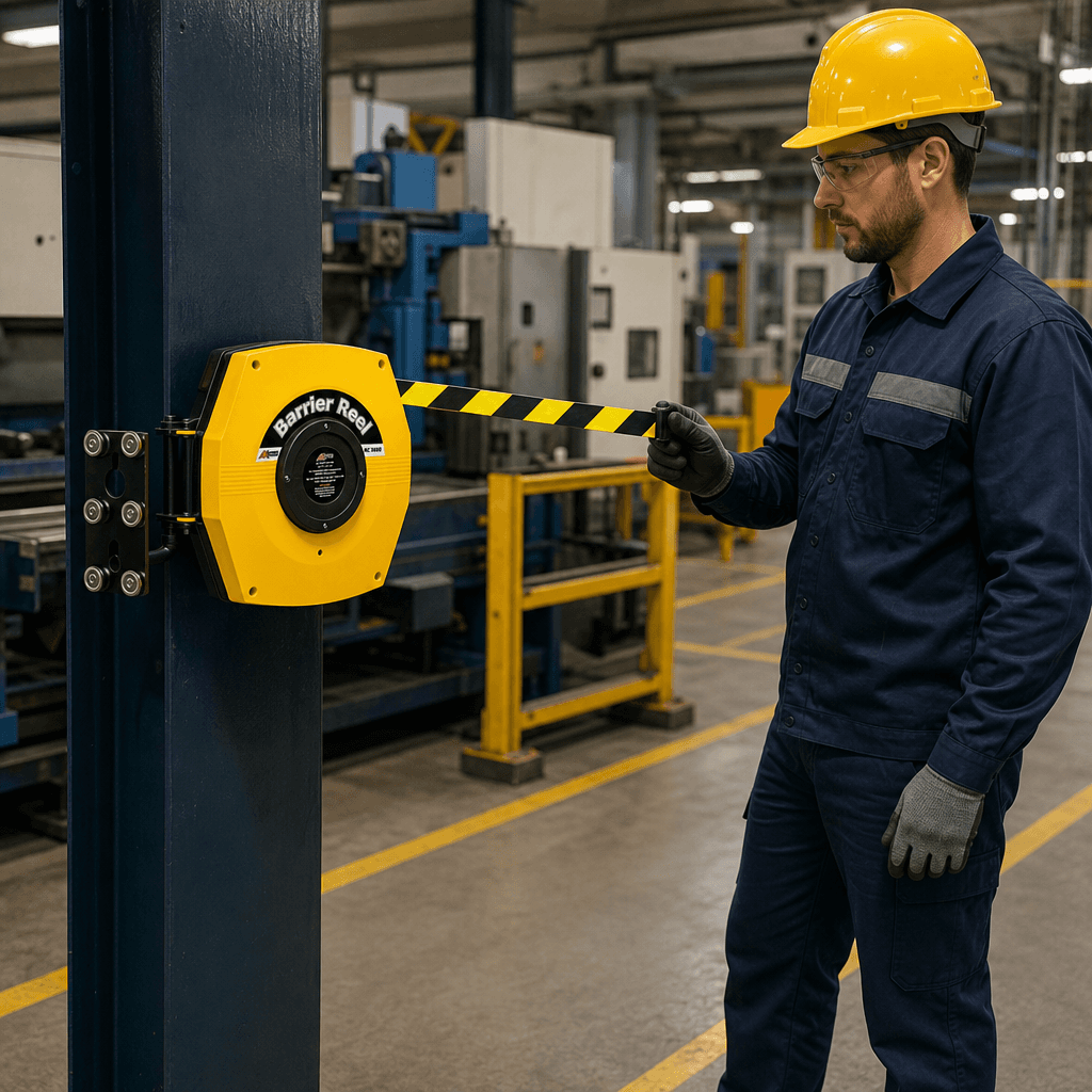 Magnetic Retractable Barrier Reel 15m / 25m – Tool-Free Mounting for Steel Surfaces, 50mm Tape